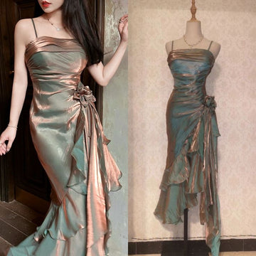 Mermaid Spaghetti Straps Satin Long Party Dress Prom Dresses SD1523 HZ0628